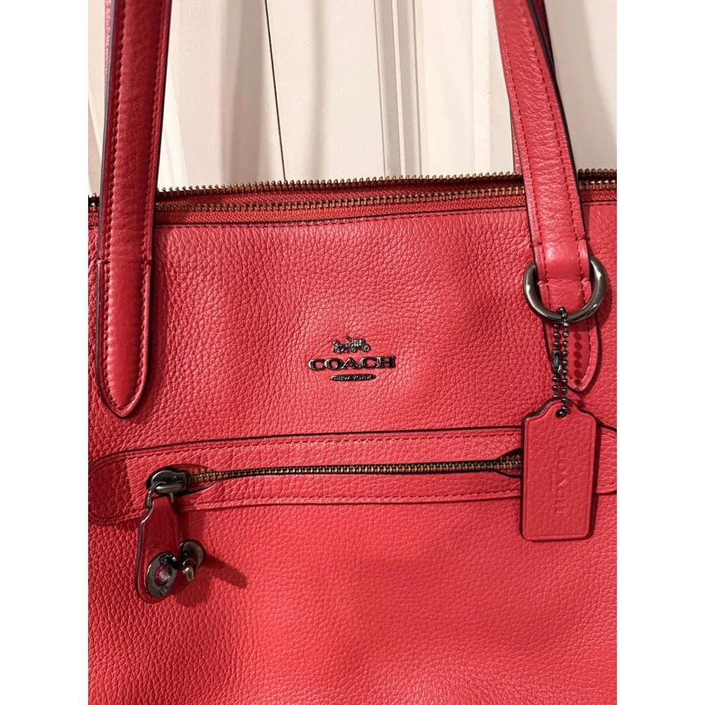 Coach Red Pebbled Leather Zip Top Tote Bag with Front Pocket and Dust Bag